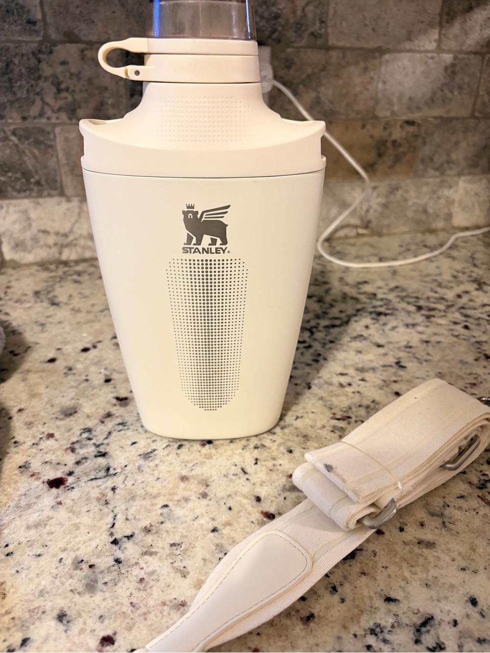 Stanley 23oz travel cross White Insulated Drink Cup with carrying strap